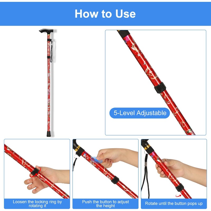 5단계 조절 가능한 접이식 알루미늄 합금 지팡이 꽃 모 - Folding Walking Sticks Hiking Adjustable 리뷰 및 가격